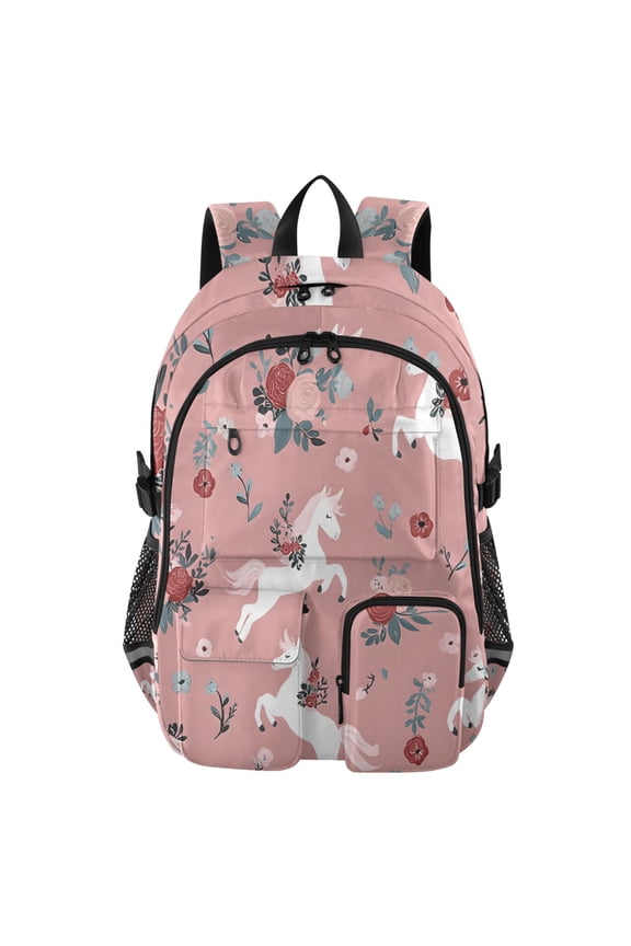 Rose Cute Horse Pattern Backpack for School 14”Laptop Compatible with Reflective Safety Strips