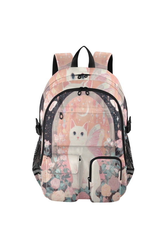 Rose - Filled Fairy Cat's Crescent Glow Backpack for School 14Laptop Compatible with Reflective Safety Strips