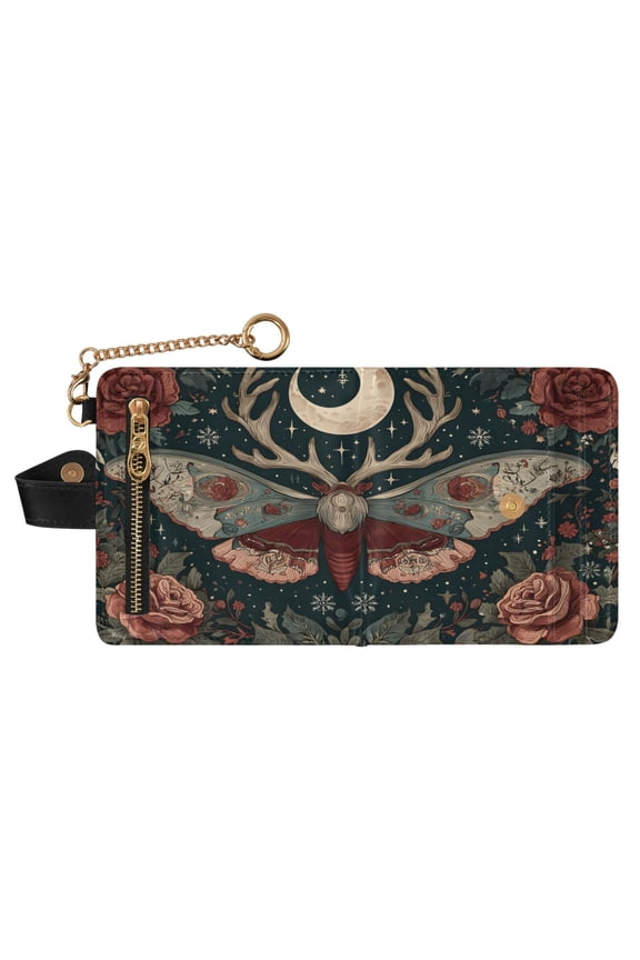 Rose Moth Print RFID Blocking Womens PU Leather Wallet Small Foldable Card Holder Purse with Coin Zipper Pocket & Detachable Chain Wristlet