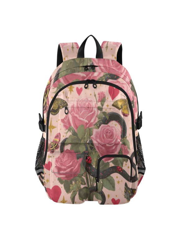 Rosy Reptile Reverie Backpack for School 14Laptop Compatible with Reflective Safety Strips