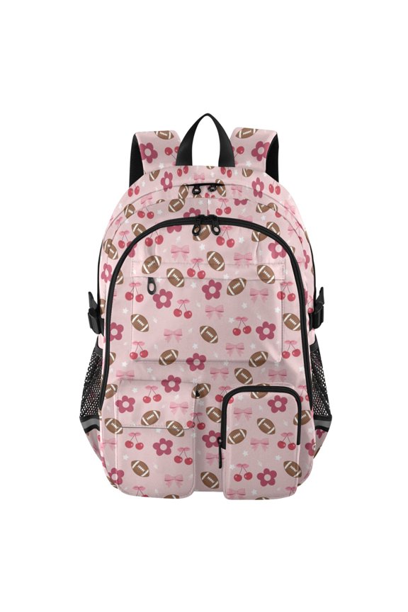 Rugby Bow Flower Pattern Pattern Backpack for School 14Laptop Compatible with Reflective Safety Strips