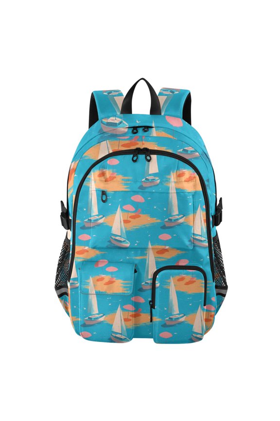 Sailboat Parasol Pattern Backpack for School 14Laptop Compatible with Reflective Safety Strips