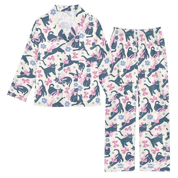 DIXRUYEE Satin Pajama Set Black Cat Bow Printed