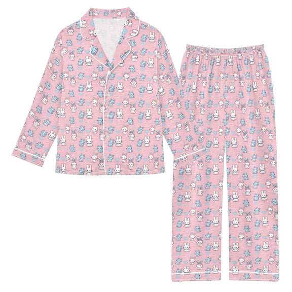 DIXRUYEE Satin Pajama Set Bunny - Cat Heartfelt Play Printed