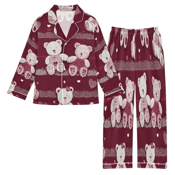 DIXRUYEE Satin Pajama Set Crimson Teddy Bear Jubilee Printed