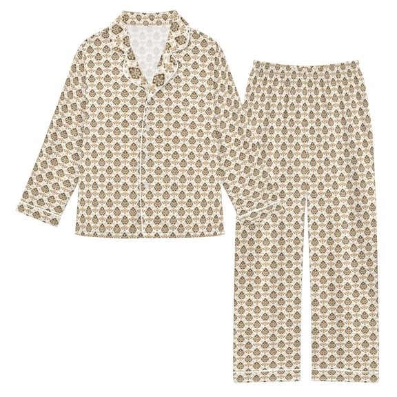 DIXRUYEE Satin Pajama Set Gold Cream Ornate Damask Printed