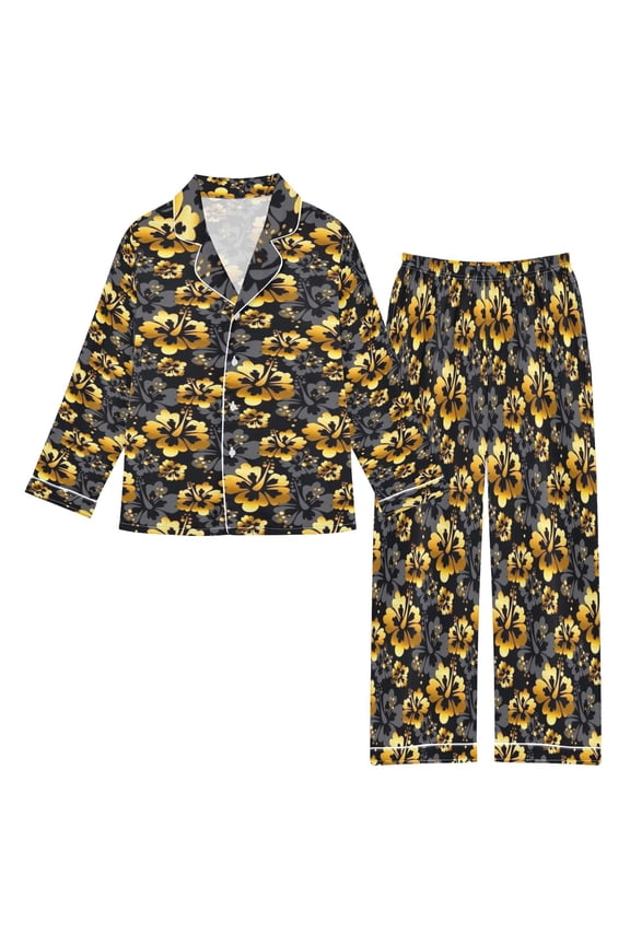 DIXRUYEE Satin Pajama Set Gothic Golden Floral Printed