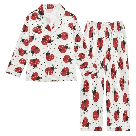 DIXRUYEE Satin Pajama Set Ladybugs on White Printed