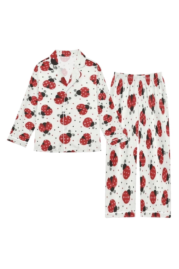 DIXRUYEE Satin Pajama Set Ladybugs on White Printed