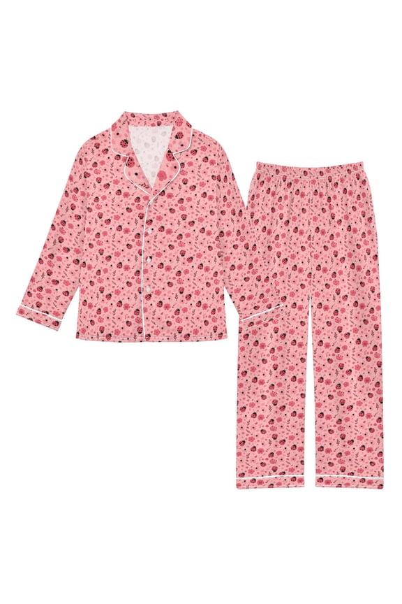 DIXRUYEE Satin Pajama Set Pink Ladybug Floral Printed