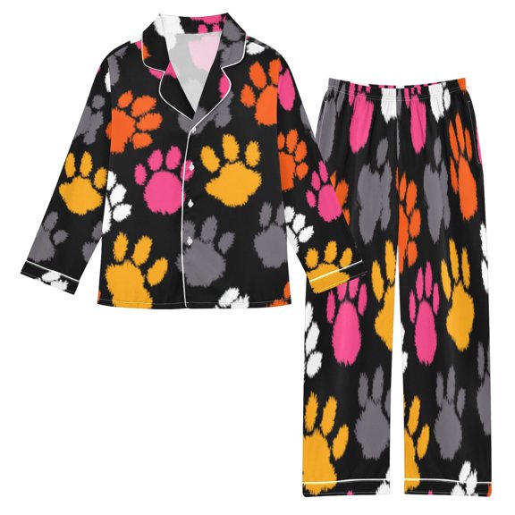 DIXRUYEE Satin Pajama Set Rainbow Paws on Dark Canvas Printed