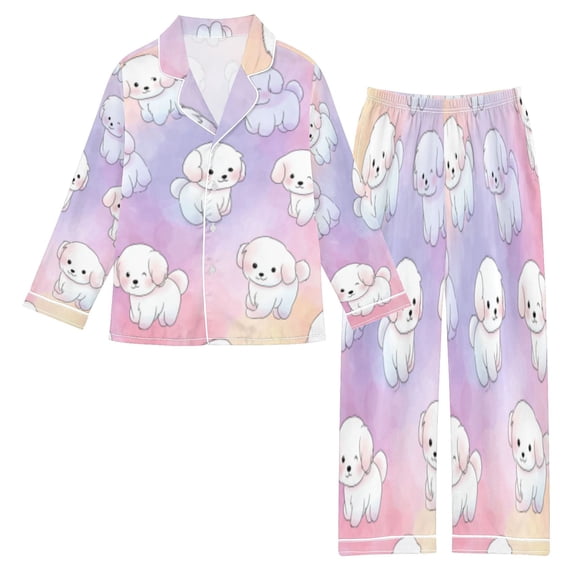 DIXRUYEE Satin Pajama Set Rainbow Puppy Paradise Printed