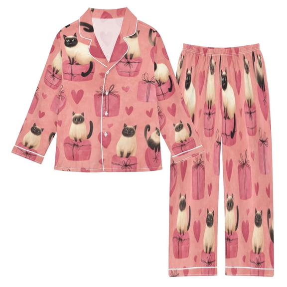 DIXRUYEE Satin Pajama Set Siamese Cats on Pink Presents Printed