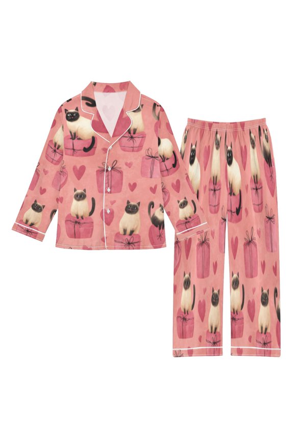 DIXRUYEE Satin Pajama Set Siamese Hearts & Presents Printed
