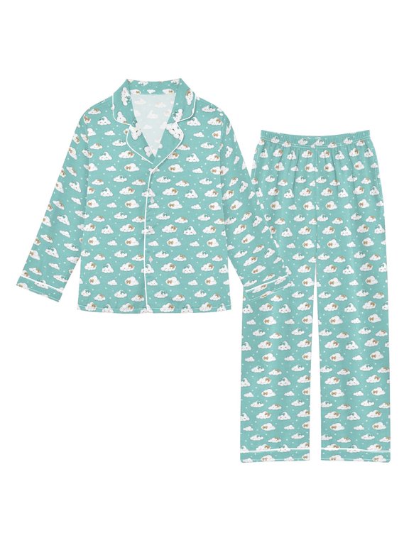 DIXRUYEE Satin Pajama Set Teal Bow Clouds Stars Printed