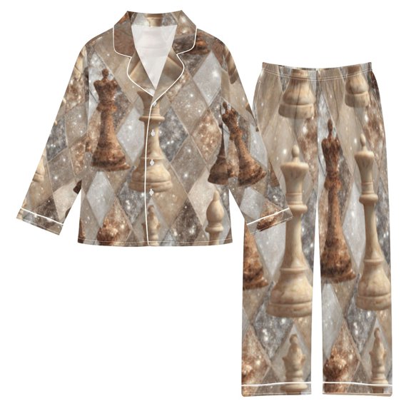 DIXRUYEE Satin Pajama Set Vintage Chessboard Elegance Printed