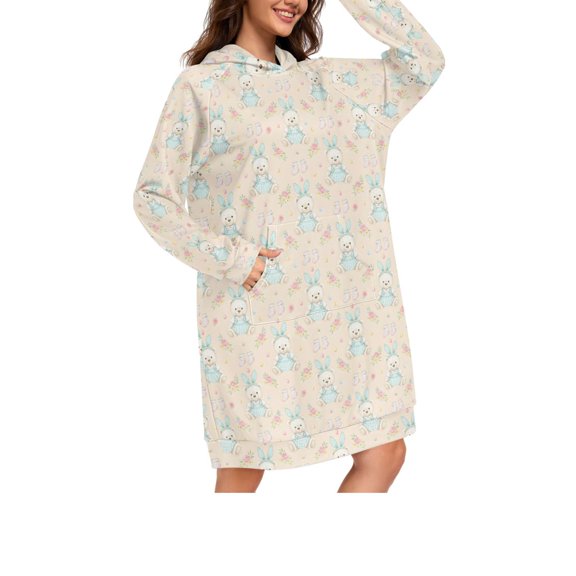 DIXRUYEE Seam Bears Print Womens Long Oversized Hoodie Dress Casual Pullover Hooded Sweatshirt Dress with Kangaroo Pocket Loose Streetwear Loungewear