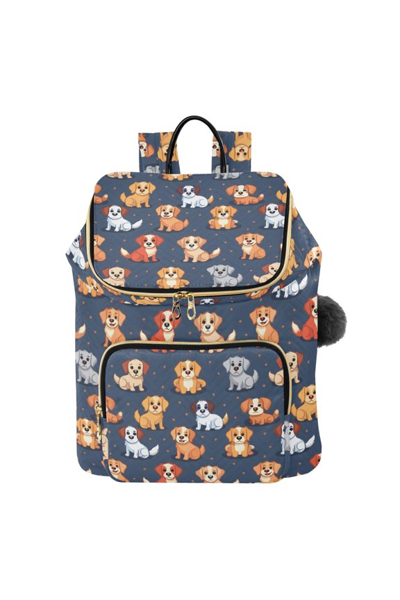 Seamless Of Dog Cartoon Design in Vector Illustration Printed Quilted 14 Inch Laptop Backpack Multi-Pocket Lightweight Daypack with Pom Pom Charm