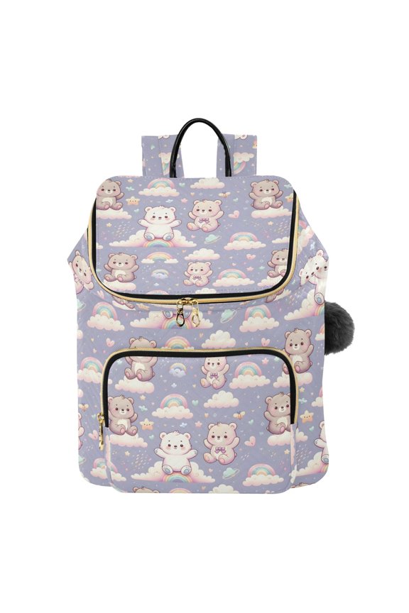Seamless Pattern Cartoon Bear with Cute Sky Element Printed Quilted 14 Inch Laptop Backpack Multi-Pocket Lightweight Daypack with Pom Pom Charm