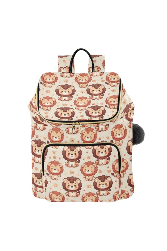 Seamless Pattern with Cute Lion Character Printed Quilted 14 Inch Laptop Backpack Multi-Pocket Lightweight Daypack with Pom Pom Charm