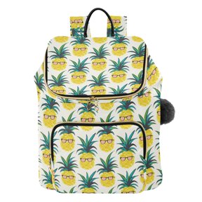DIXRUYEE Seamless Pineapple Vector Illustration Pattern Printed Quilted 14 Inch Laptop Backpack Multi-Pocket Lightweight Daypack with Pom Pom Charm