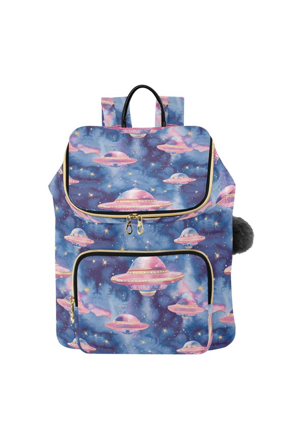 Seamless Pink Cute Ufo Sky Bright Wonderful Watercolor Printed Quilted 14 Inch Laptop Backpack Multi-Pocket Lightweight Daypack with Pom Pom Charm