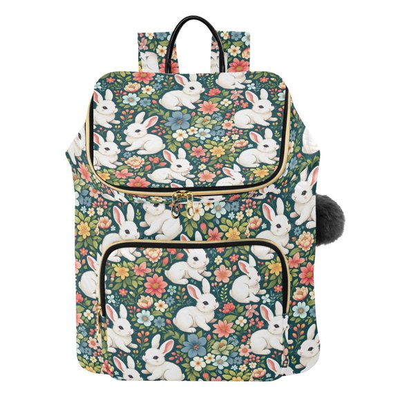 DIXRUYEE Seamless Vector Pattern with Cute White Rabbits on Floral Background Printed Quilted 14 Inch Laptop Backpack Multi-Pocket Lightweight Daypack with Pom Pom Charm