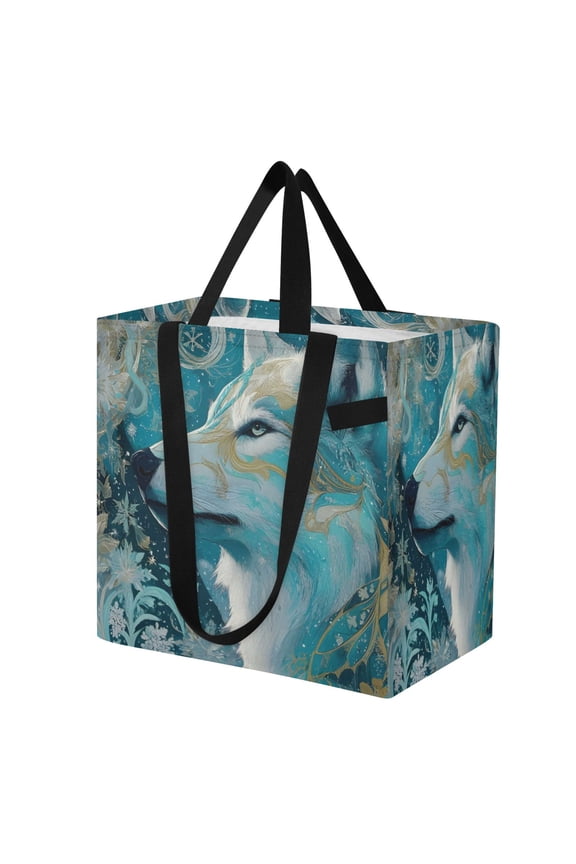 Shoulderbag Canvas Tote Multi-Use Bag In Aqua Wolfs Celestial Bloom Pattern
