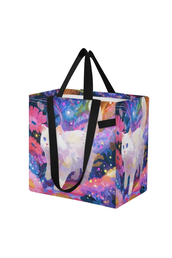 Shoulderbag Canvas Tote Multi-Use Bag In Cats Rainbow Floral Pattern