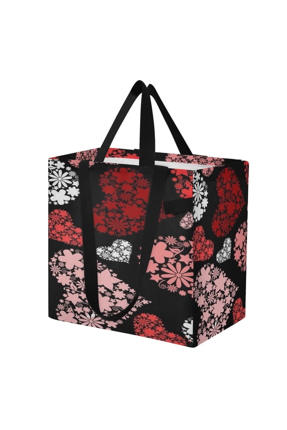Shoulderbag Canvas Tote Multi-Use Bag In Floral Hearts on Black Pattern