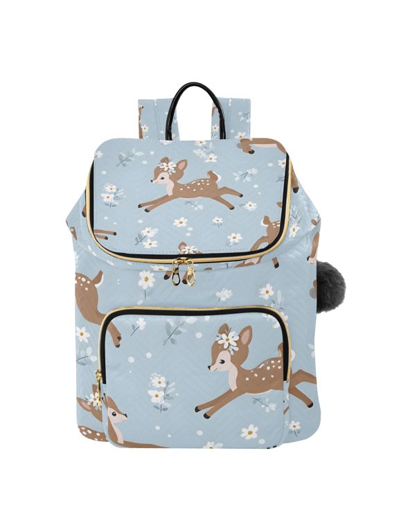 Sika Deer Pattern Printed Quilted 14 Inch Laptop Backpack Multi-Pocket Lightweight Daypack with Pom Pom Charm