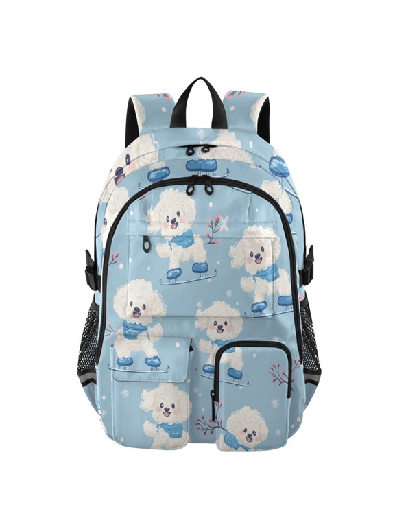 Skiing Dog Pattern Backpack for School 14”Laptop Compatible with Reflective Safety Strips