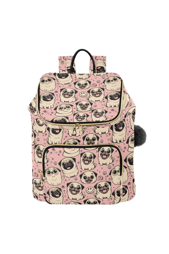 Smiley Pug Dog on A Pink Background Printed Quilted 14 Inch Laptop Backpack Multi-Pocket Lightweight Daypack with Pom Pom Charm