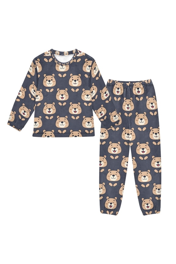 DIXRUYEE Smiling Bear Print Coral Fleece Pajama Set Thick Warm Long Sleeve Loungewear with Side Pockets Soft Winter Sleepwear