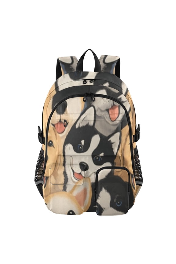 Smiling Dog Face Pattern Backpack for School 14Laptop Compatible with Reflective Safety Strips