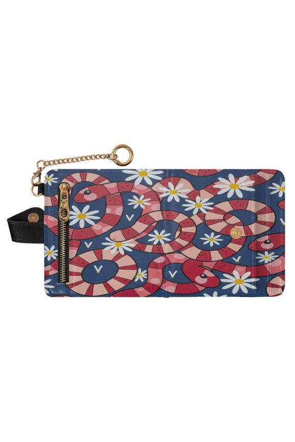 Snake Print RFID Blocking Womens PU Leather Wallet Small Foldable Card Holder Purse with Coin Zipper Pocket & Detachable Chain Wristlet