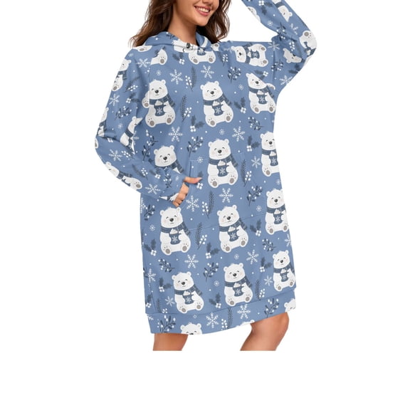 DIXRUYEE Snowflake White Bear Pattern Print Womens Long Oversized Hoodie Dress Casual Pullover Hooded Sweatshirt Dress with Kangaroo Pocket Loose Streetwear Loungewear