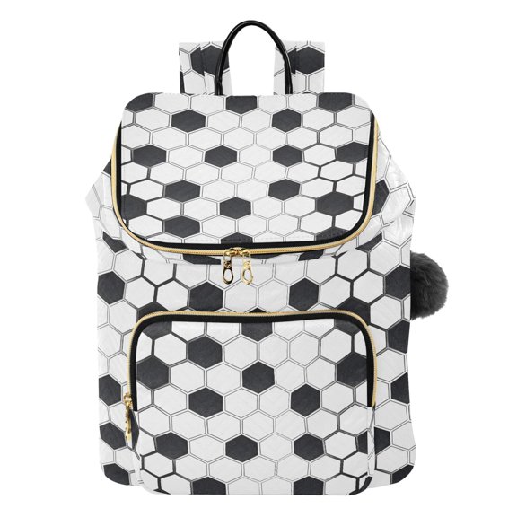 DIXRUYEE Soccer Grid Pattern Printed Quilted 14 Inch Laptop Backpack Multi-Pocket Lightweight Daypack with Pom Pom Charm