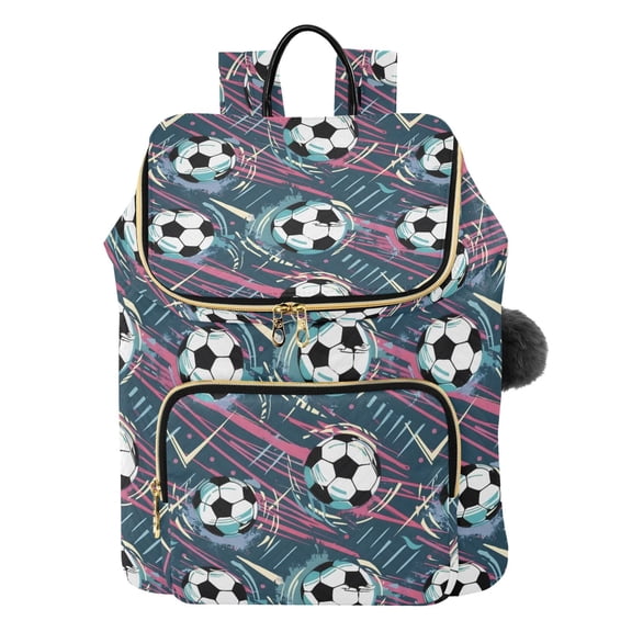 DIXRUYEE Soccer Printed Quilted 14 Inch Laptop Backpack Multi-Pocket Lightweight Daypack with Pom Pom Charm