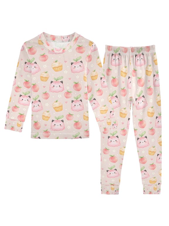 DIXRUYEE Soft Peach Cupcake Kitty Printed Long Sleeve Pullover Top & Elastic Waist Pants Set Breathable Comfort Loungewear for Sleep Play and Relaxation