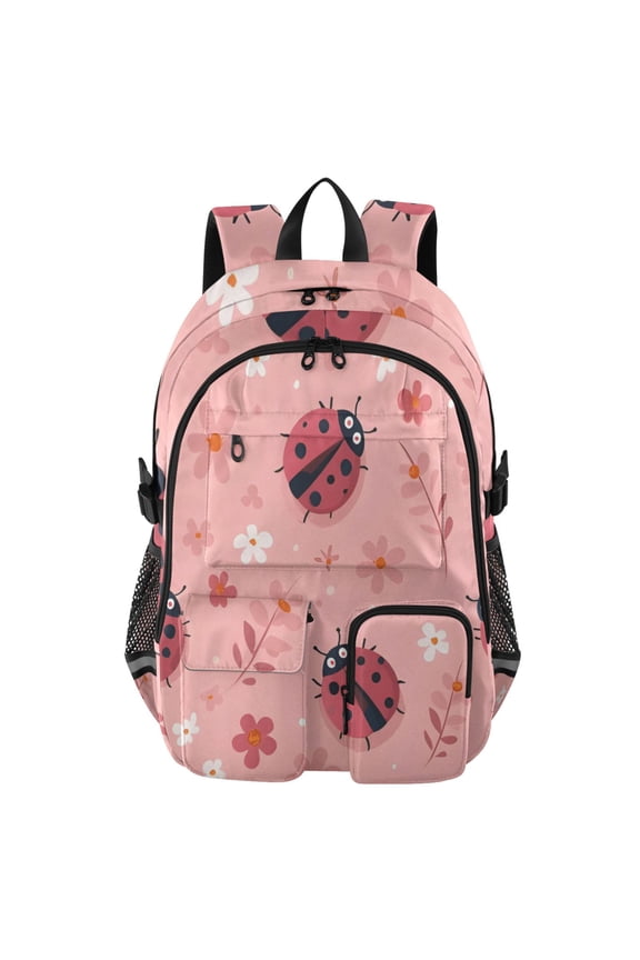 Soft Pink Ladybug Backpack for School 14Laptop Compatible with Reflective Safety Strips