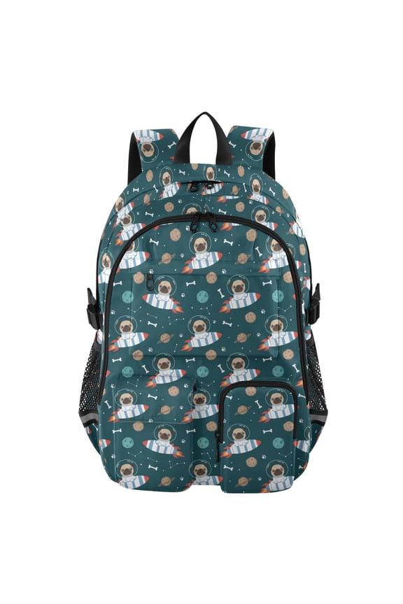 Space Pug Pattern Pattern Backpack for School 14Laptop Compatible with Reflective Safety Strips
