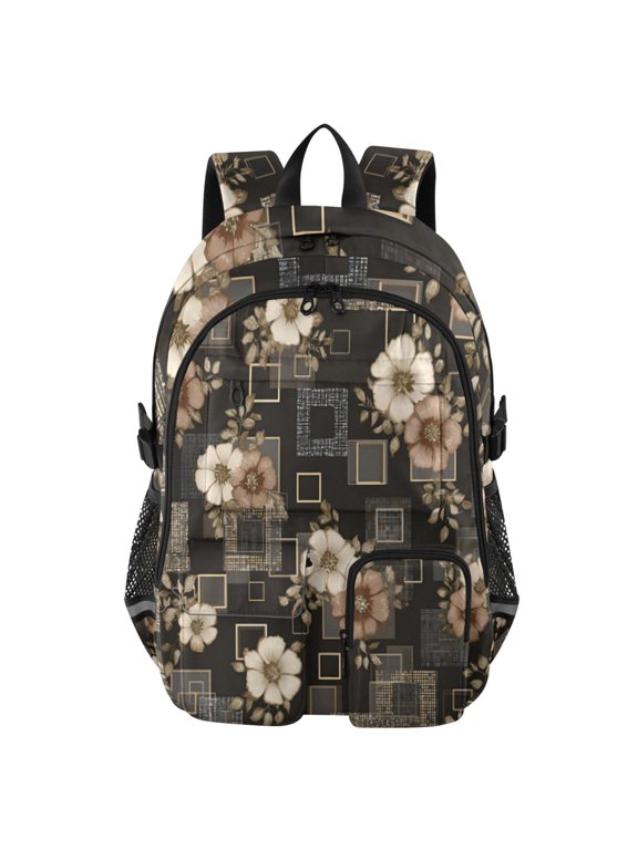 Square Frame Floral Backpack for School 14”Laptop Compatible with Reflective Safety Strips