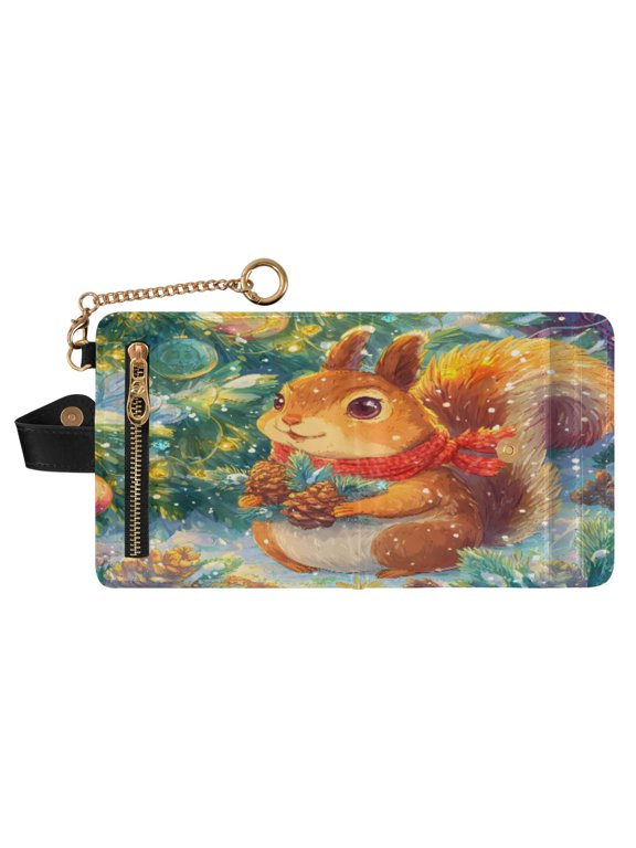 Squirrel Pine Cone Leaves Print RFID Blocking Womens PU Leather Wallet Small Foldable Card Holder Purse with Coin Zipper Pocket & Detachable Chain Wristlet