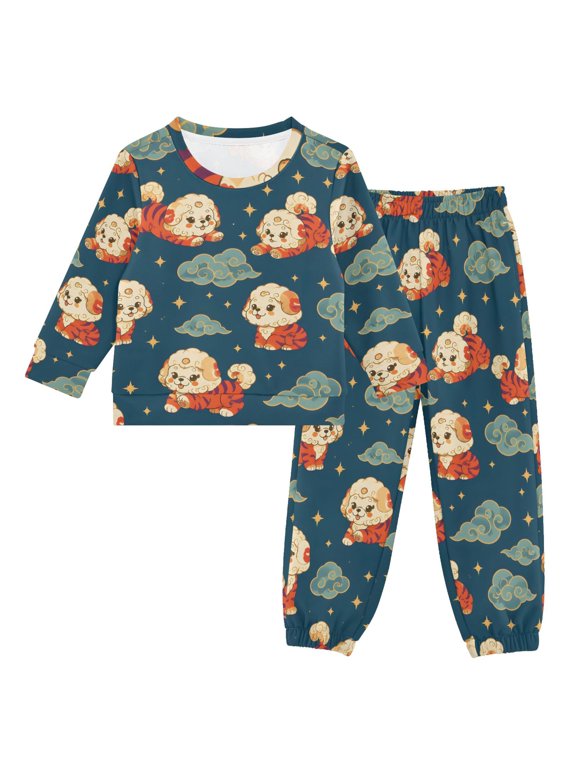 DIXRUYEE Star Cloud Tiger Lion Fantasy Print 2-Piece Sweatshirt Jogger Set Long Sleeve Crew Neck French Terry Loungewear Outfit