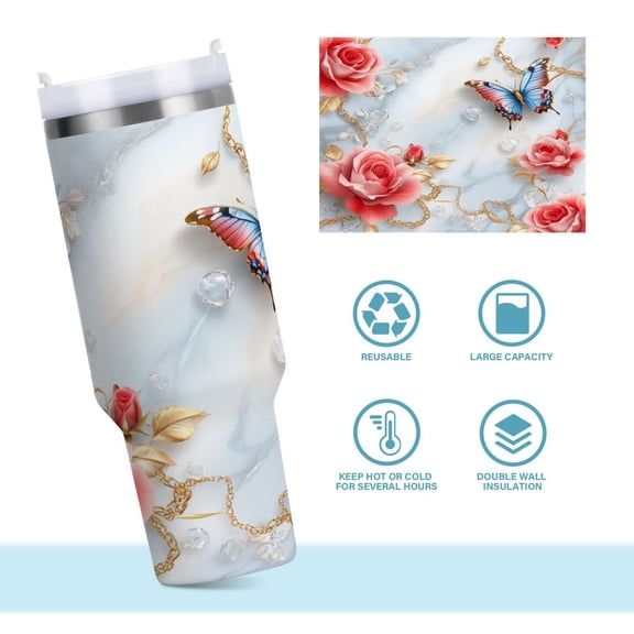 DIXRUYEE Steel Water Bottles Tumbler Creative Butterfly Among Blushing Roses Pattern 40oz/30oz
