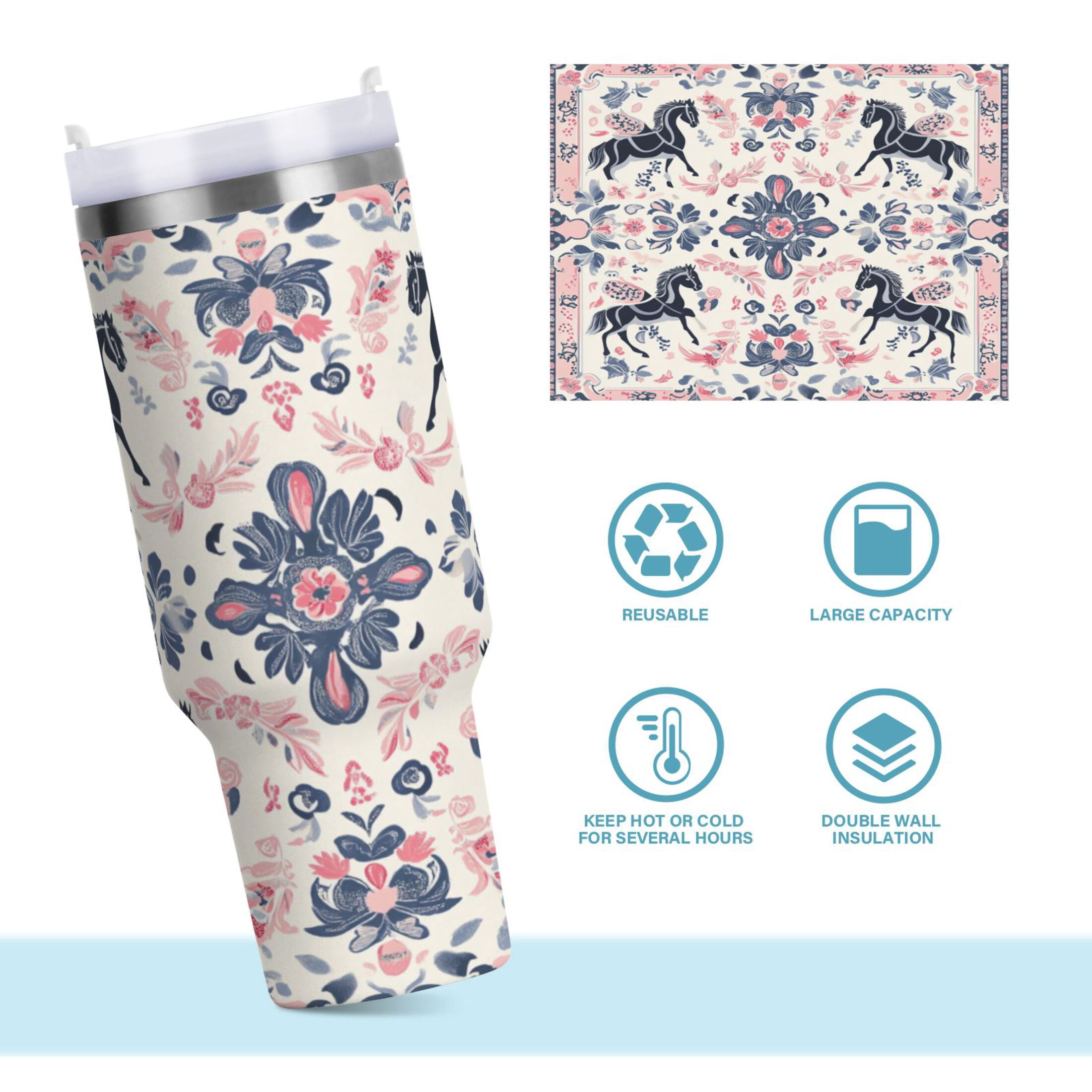 DIXRUYEE Steel Water Bottles Tumbler Creative Equestrian Floral Harmony Pattern 40oz/30oz