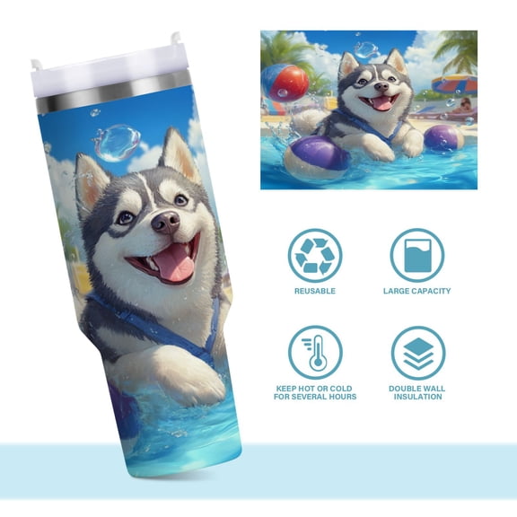 DIXRUYEE Steel Water Bottles Tumbler Creative Husky's Splashing Good Time Pattern 40oz/30oz