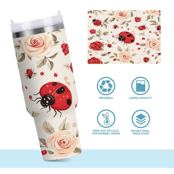 DIXRUYEE Steel Water Bottles Tumbler Creative Ladybug Roses Pattern 40oz/30oz
