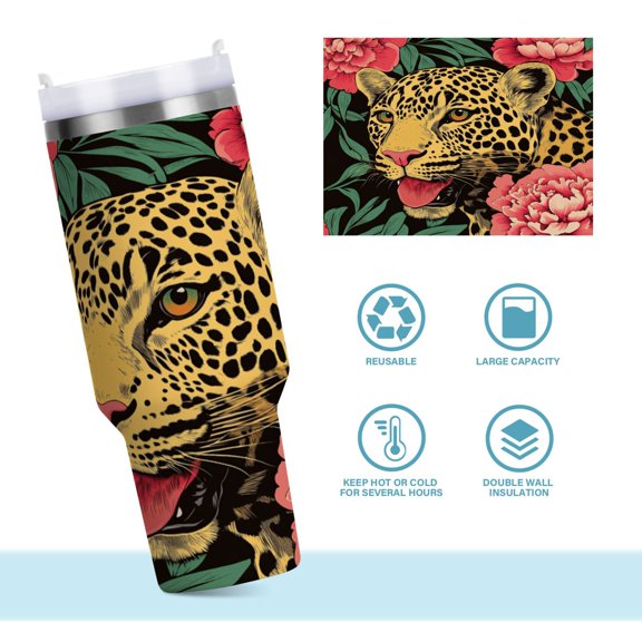 DIXRUYEE Steel Water Bottles Tumbler Creative Leopard & Flowers Pattern 40oz/30oz
